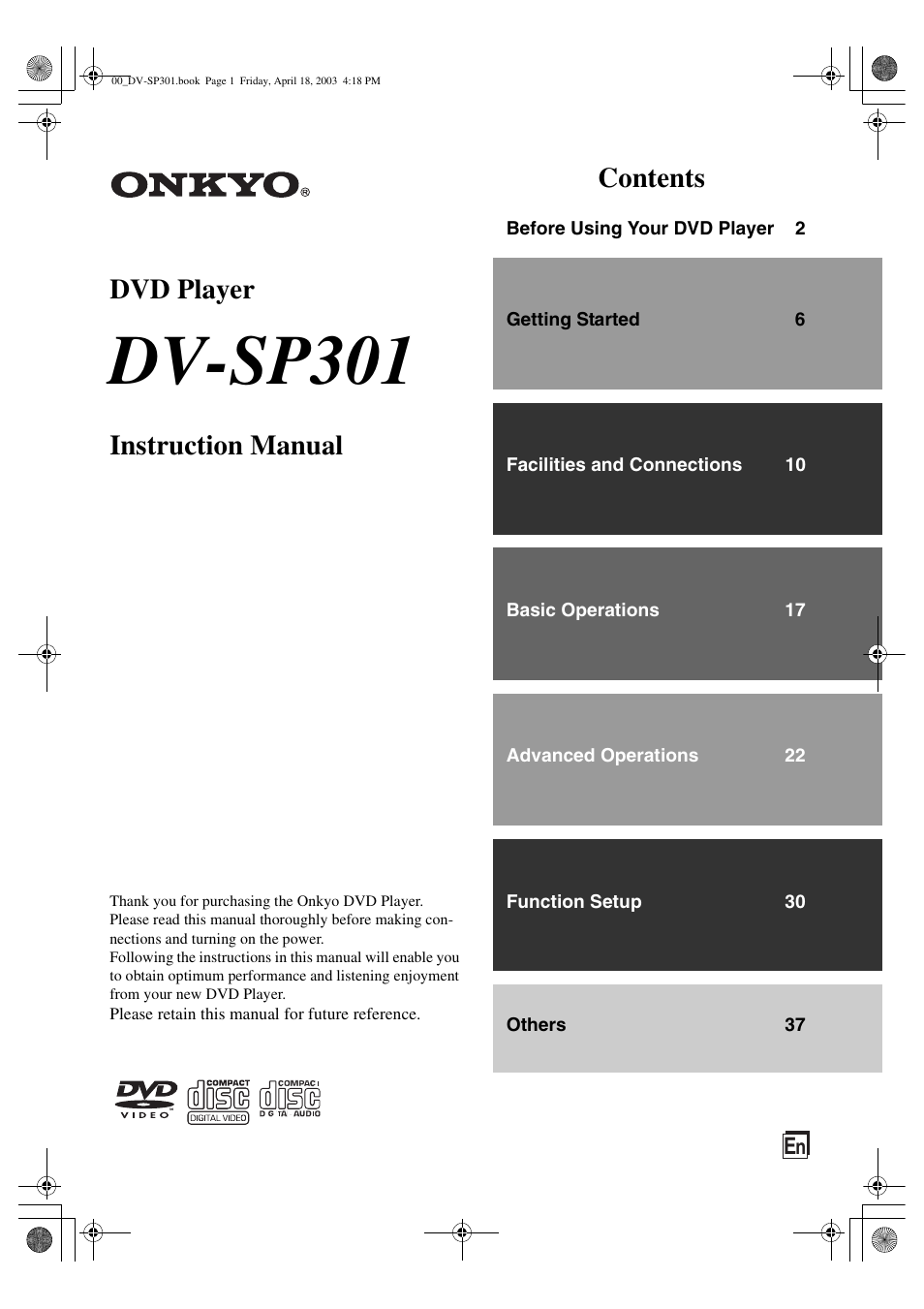Onkyo DV-SP301 User Manual | 40 pages