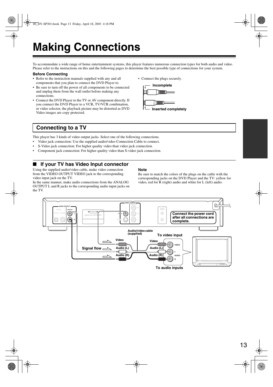 Making connections, Connecting to a tv, If your tv has video input connector | Onkyo DV-SP301 User Manual | Page 13 / 40