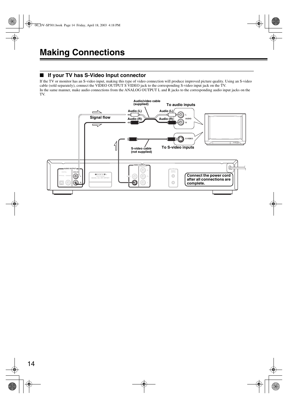 Making connections, If your tv has s-video input connector, Signal flow | Onkyo DV-SP301 User Manual | Page 14 / 40