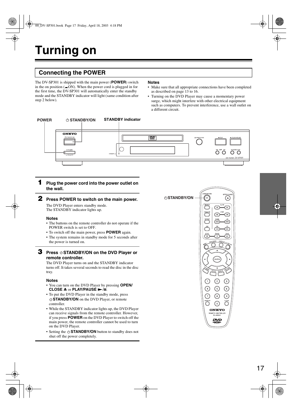 Turning on, Connecting the power | Onkyo DV-SP301 User Manual | Page 17 / 40