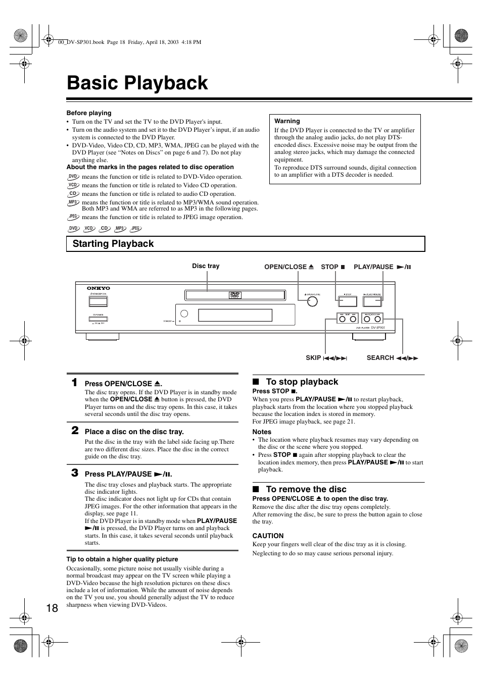 Basic playback, Starting playback | Onkyo DV-SP301 User Manual | Page 18 / 40