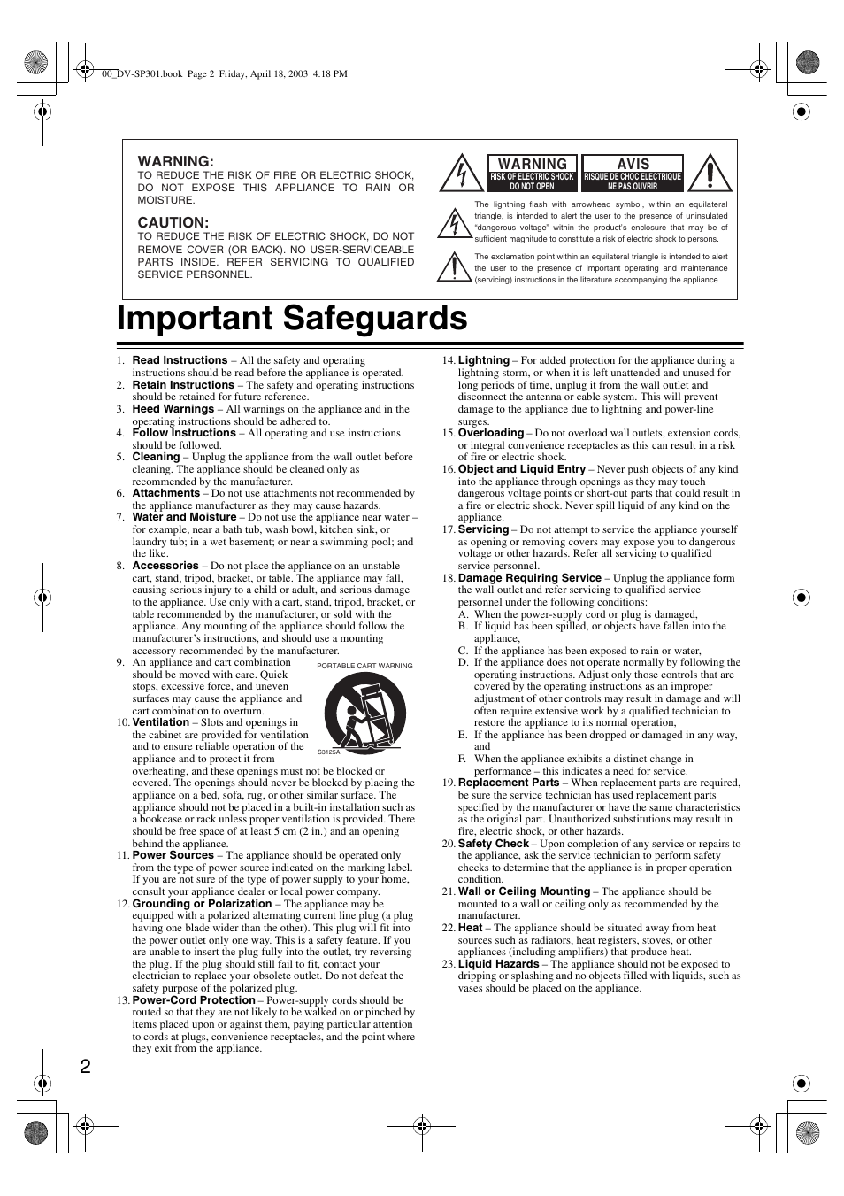 Important safeguards, Warning, Caution | Avis | Onkyo DV-SP301 User Manual | Page 2 / 40