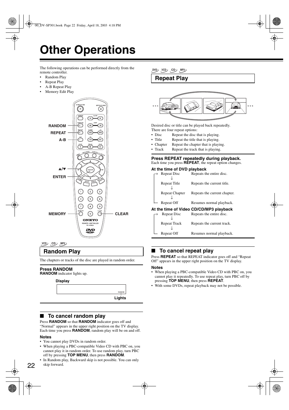 Other operations, Random play, Repeat play | Onkyo DV-SP301 User Manual | Page 22 / 40