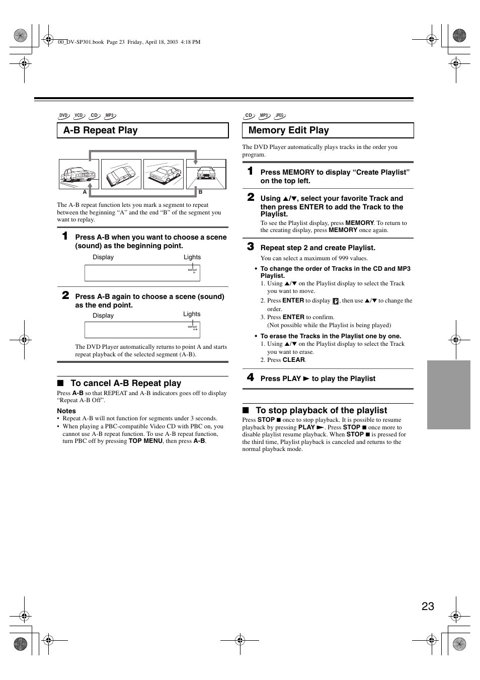 A-b repeat play | Onkyo DV-SP301 User Manual | Page 23 / 40