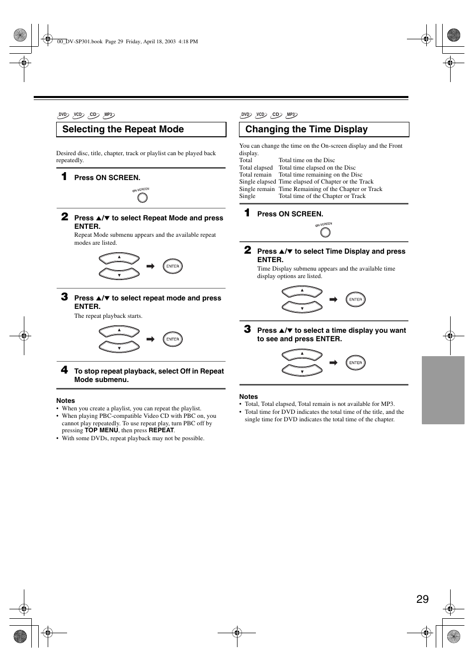 Selecting the repeat mode, Changing the time display | Onkyo DV-SP301 User Manual | Page 29 / 40