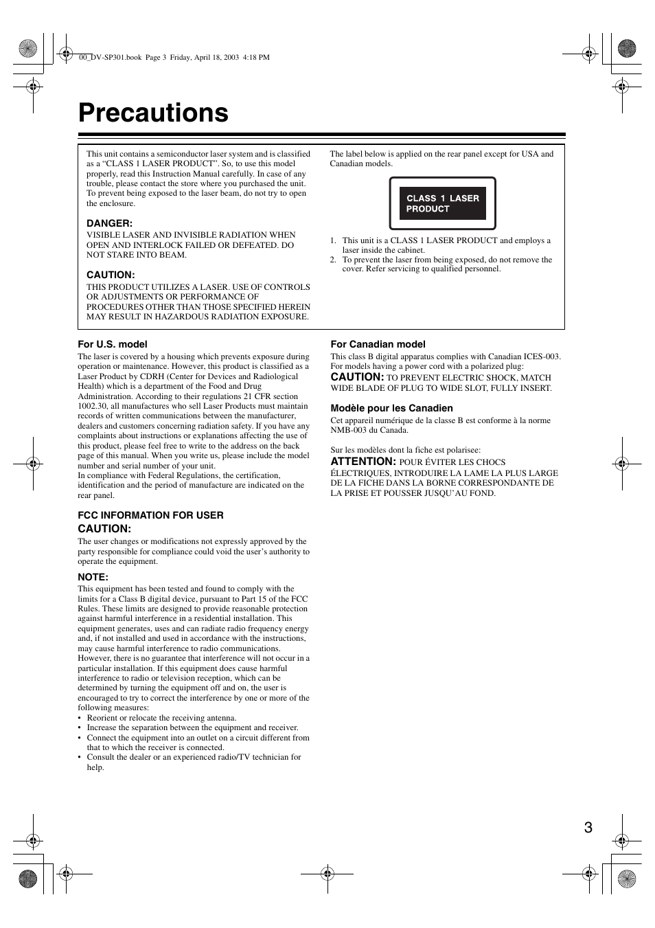 Precautions | Onkyo DV-SP301 User Manual | Page 3 / 40