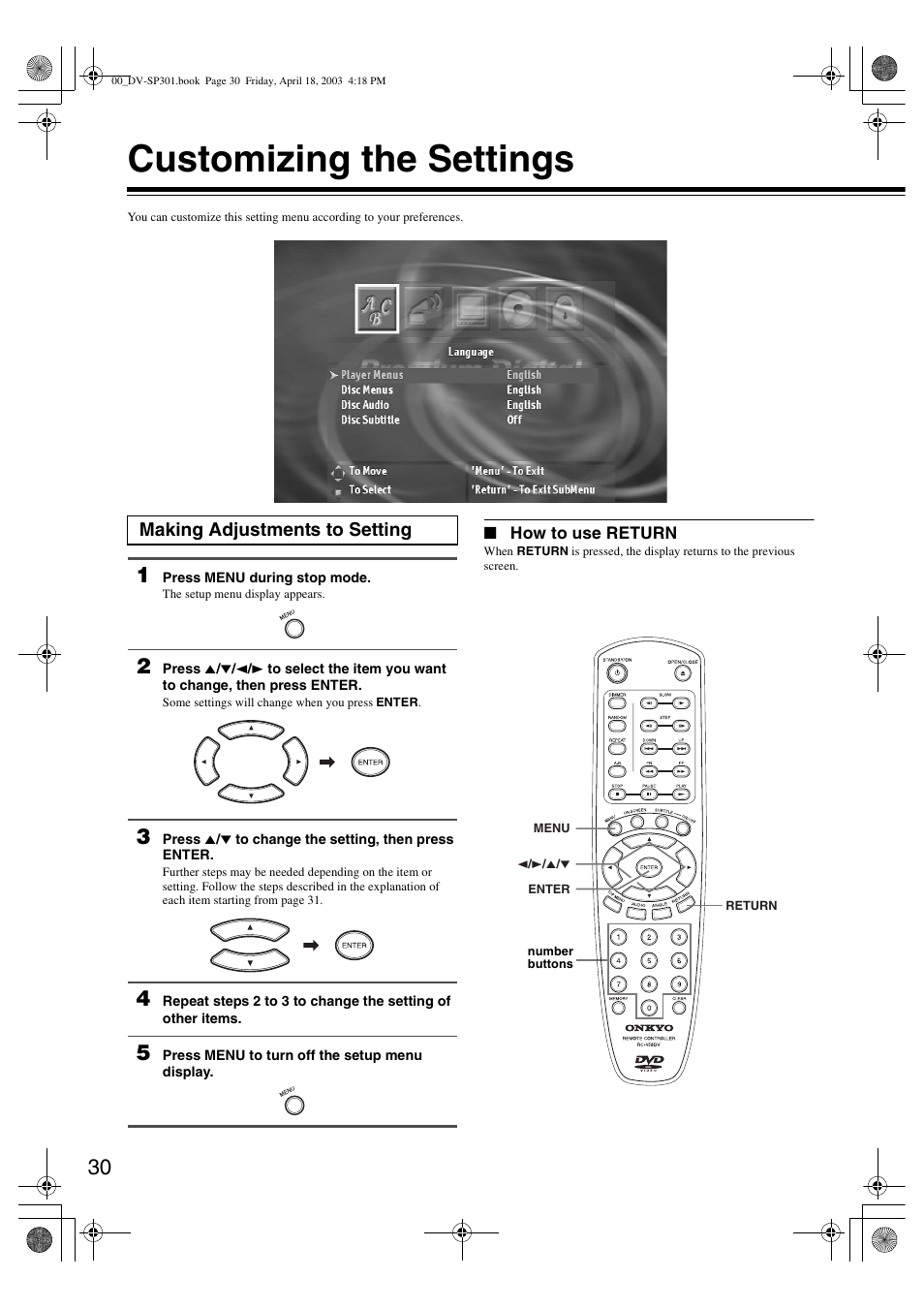 Customizing the settings, Making adjustments to setting | Onkyo DV-SP301 User Manual | Page 30 / 40