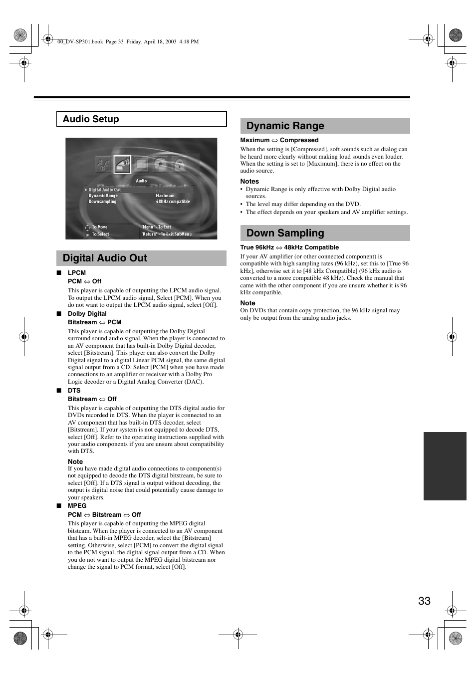 Digital audio out dynamic range down sampling, Audio setup | Onkyo DV-SP301 User Manual | Page 33 / 40