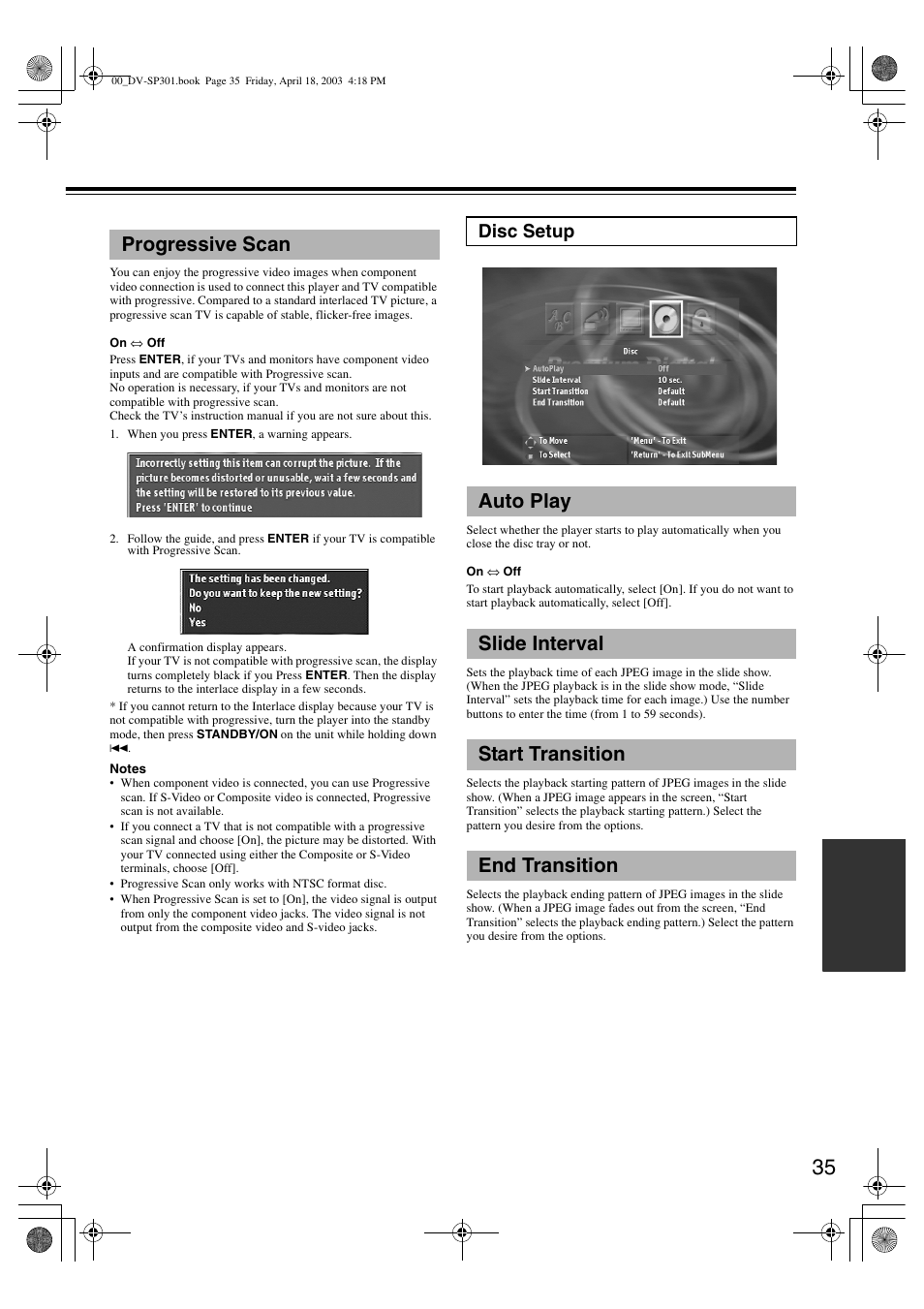 Progressive scan, Disc setup | Onkyo DV-SP301 User Manual | Page 35 / 40