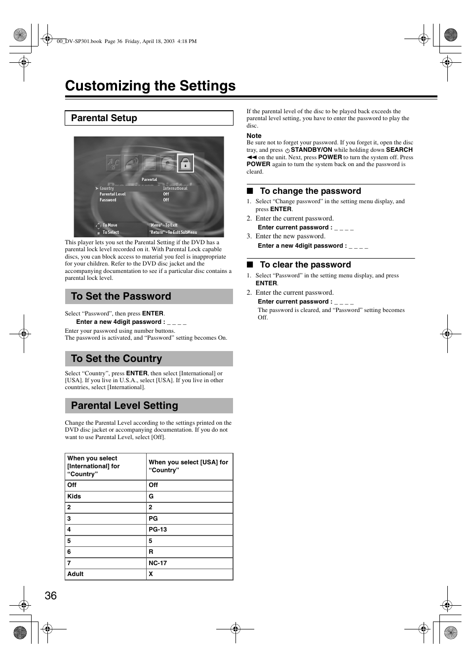Customizing the settings, Parental setup | Onkyo DV-SP301 User Manual | Page 36 / 40