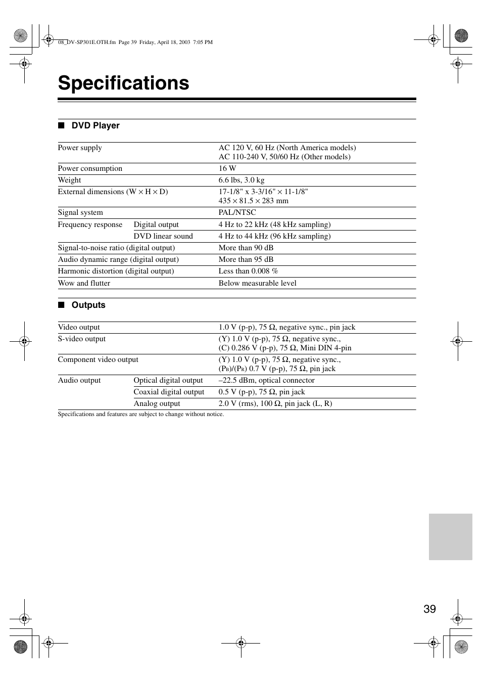 Specifications | Onkyo DV-SP301 User Manual | Page 39 / 40