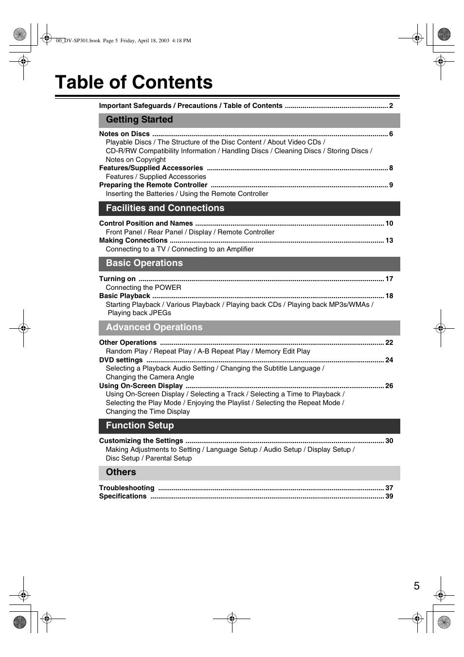 Onkyo DV-SP301 User Manual | Page 5 / 40