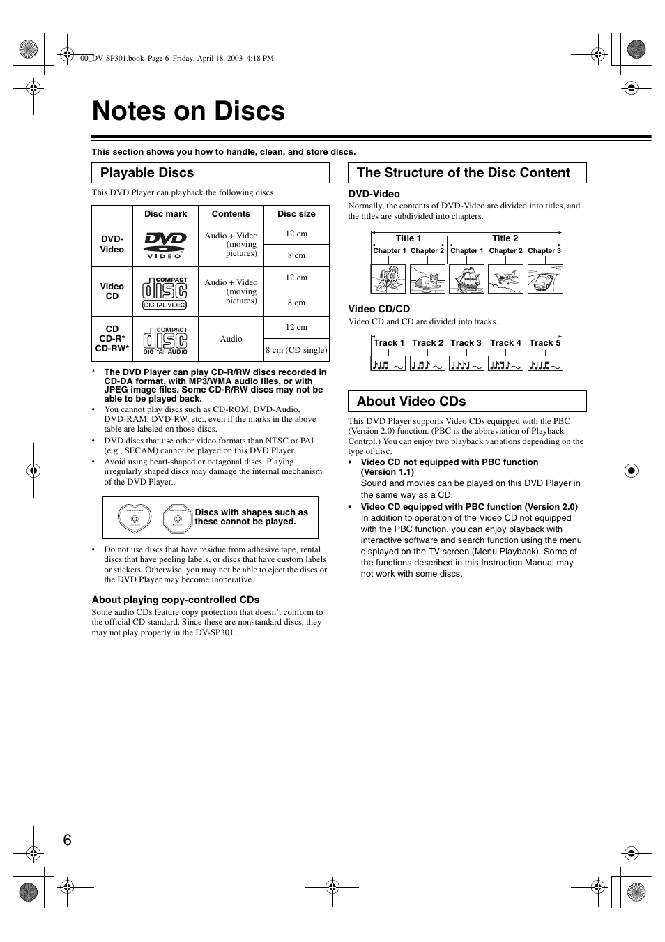 Playable discs, The structure of the disc content about video cds | Onkyo DV-SP301 User Manual | Page 6 / 40