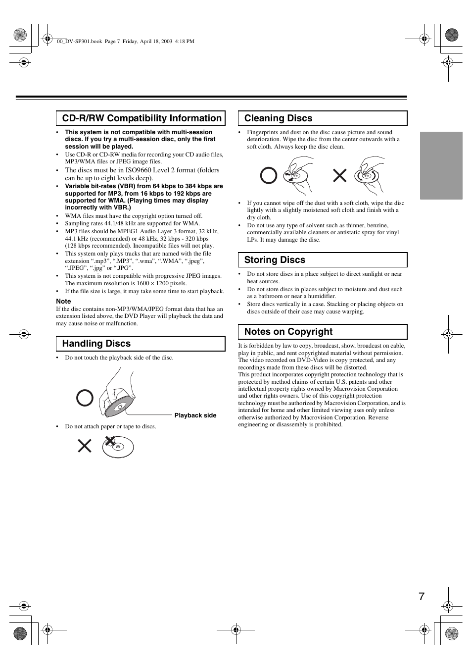 Cd-r/rw compatibility information handling discs | Onkyo DV-SP301 User Manual | Page 7 / 40