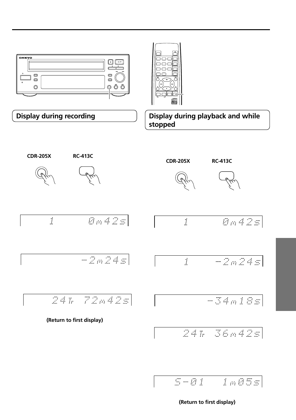 Changing the display, Operations, Display during recording | Display during playback and while stopped, Rc-413c display display, Return to first display) | Onkyo CDR-205X User Manual | Page 17 / 52