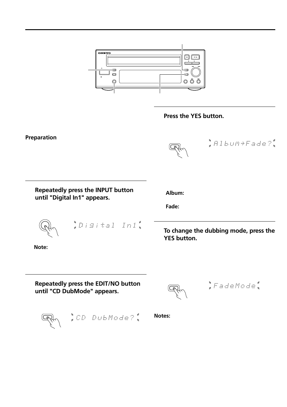 Cd dubbing, Component system operation), Press the yes button | Onkyo CDR-205X User Manual | Page 20 / 52