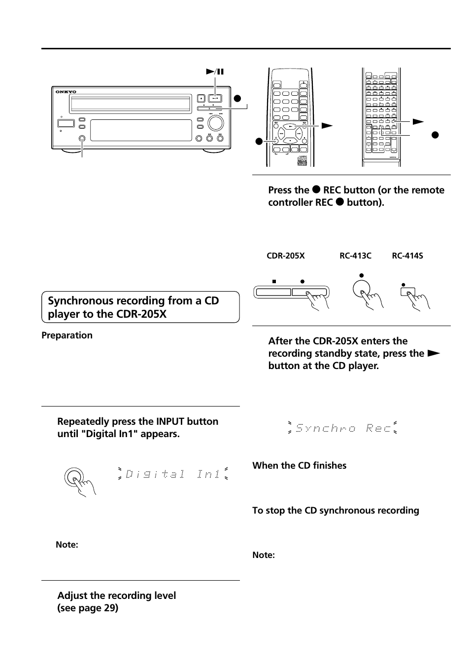 Synchronous recording, Component system operation), Adjust the recording level (see page 29) | Preparation, When the cd finishes, Input | Onkyo CDR-205X User Manual | Page 22 / 52