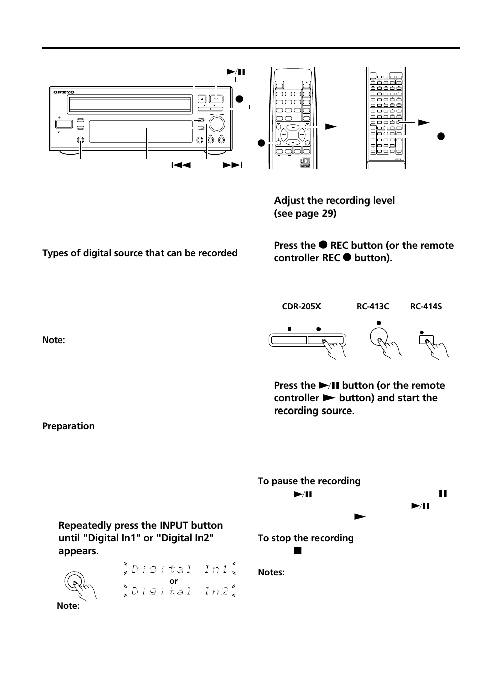 Digital recording, Adjust the recording level (see page 29), Types of digital source that can be recorded | Preparation, Input | Onkyo CDR-205X User Manual | Page 26 / 52