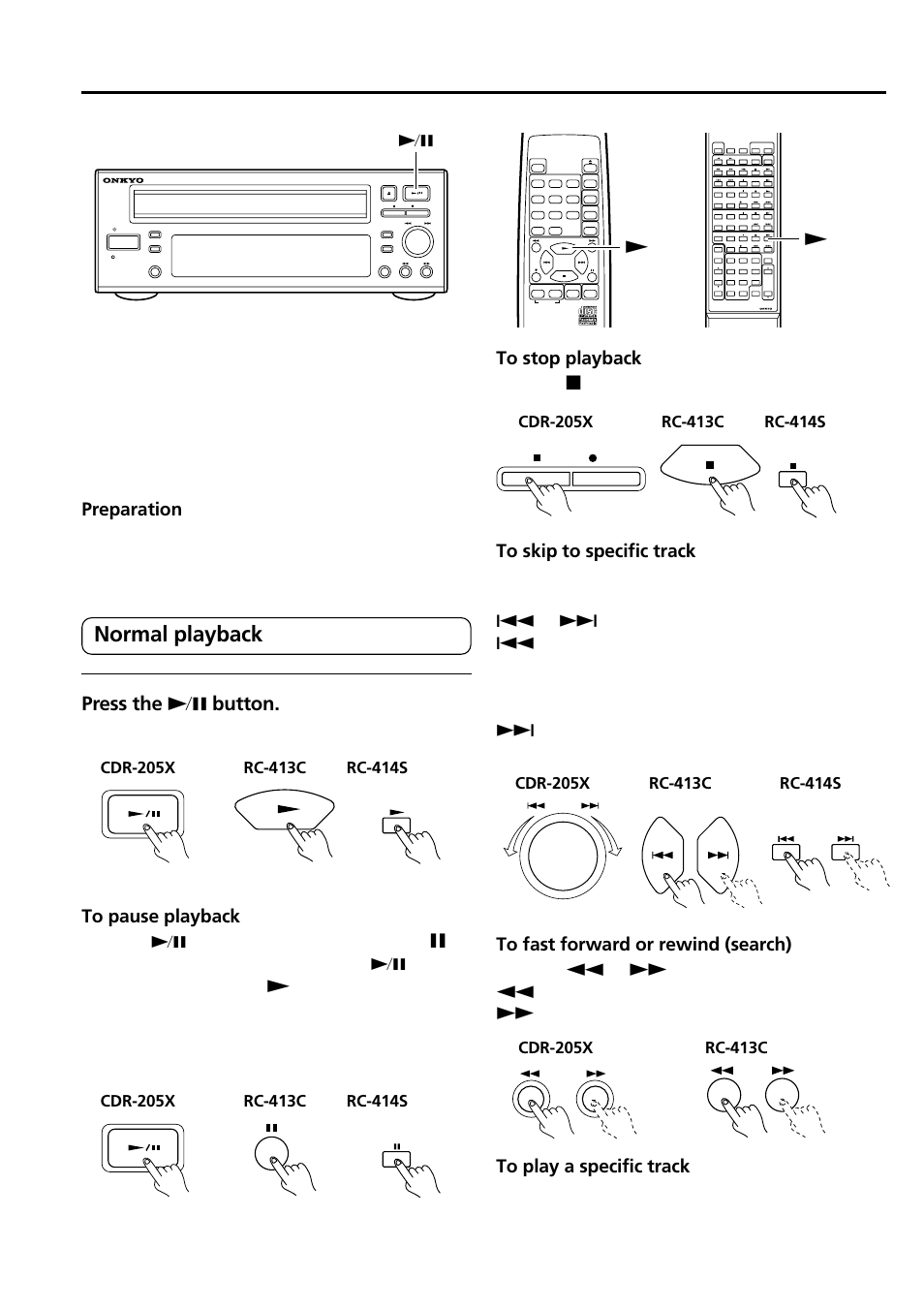 Playing cds, Normal playback, Press the n button | Preparation, Playback starts at track 1, Press the e button | Onkyo CDR-205X User Manual | Page 36 / 52