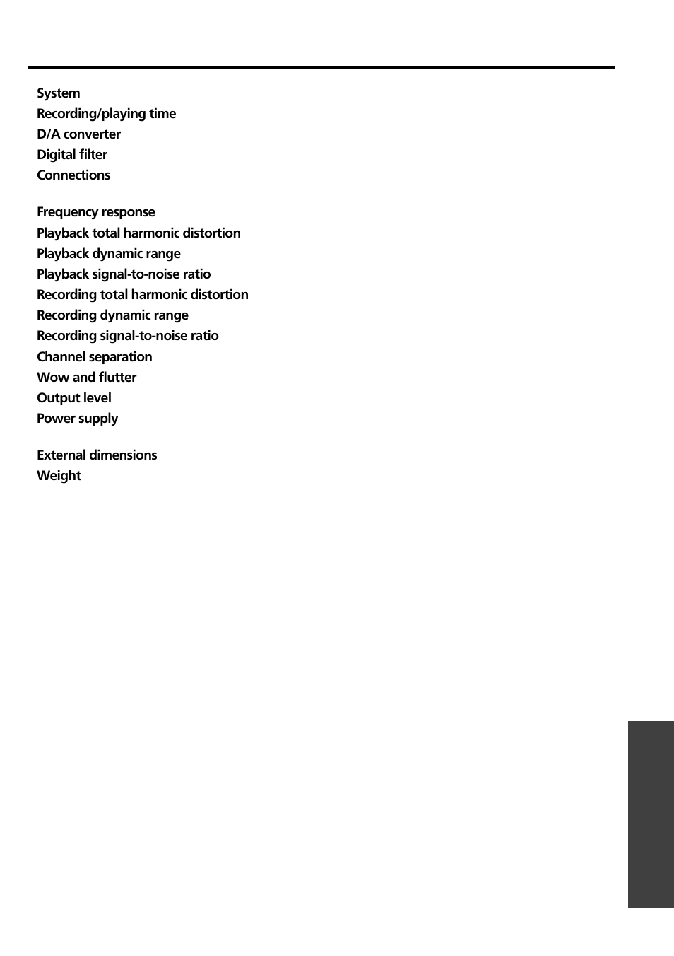 Specifications | Onkyo CDR-205X User Manual | Page 49 / 52