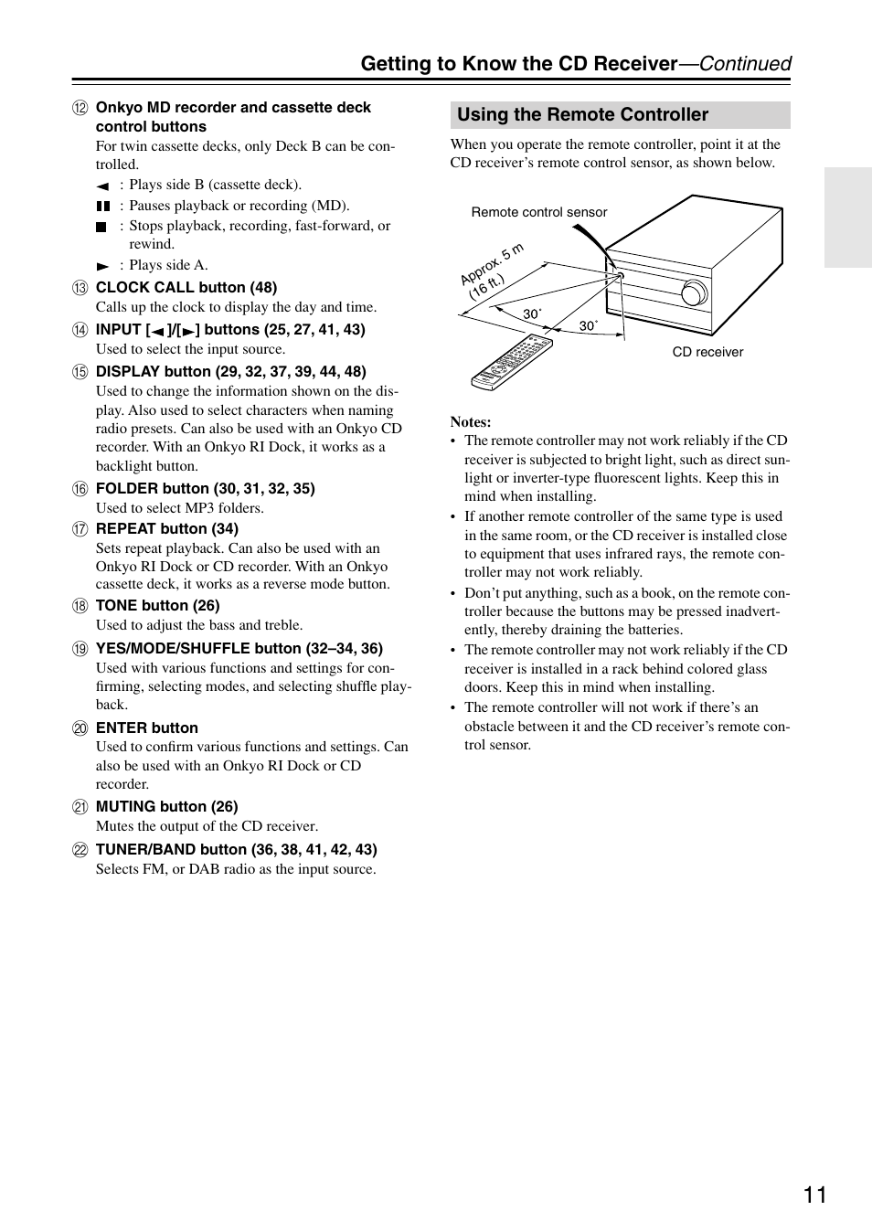 Using the remote controller, Ol sensor (11), Getting to know the cd receiver —continued | Onkyo CR-715 User Manual | Page 11 / 60