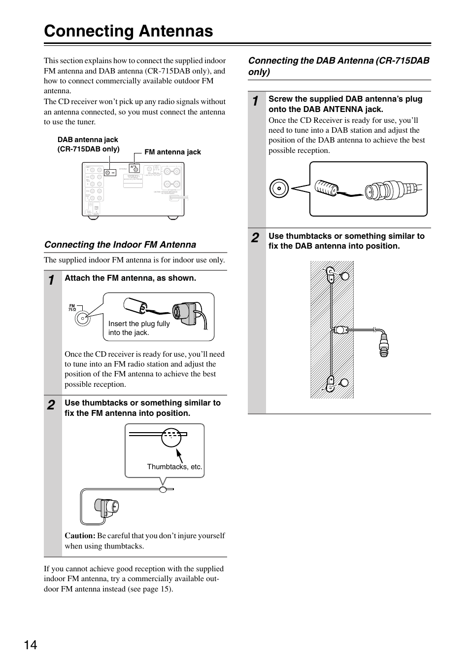 Connecting antennas, Connections, Y) (14) | Fm antenna (14 | Onkyo CR-715 User Manual | Page 14 / 60