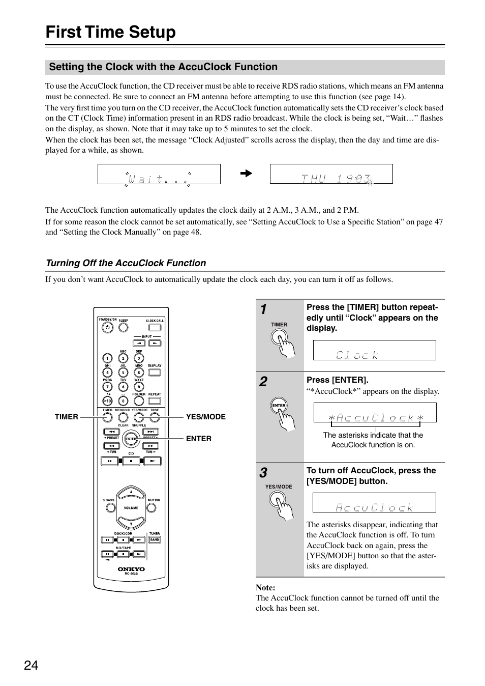 First time setup, Setting the clock with the accuclock function, Setting the clock with the accuclock | Function, Utton (24 | Onkyo CR-715 User Manual | Page 24 / 60