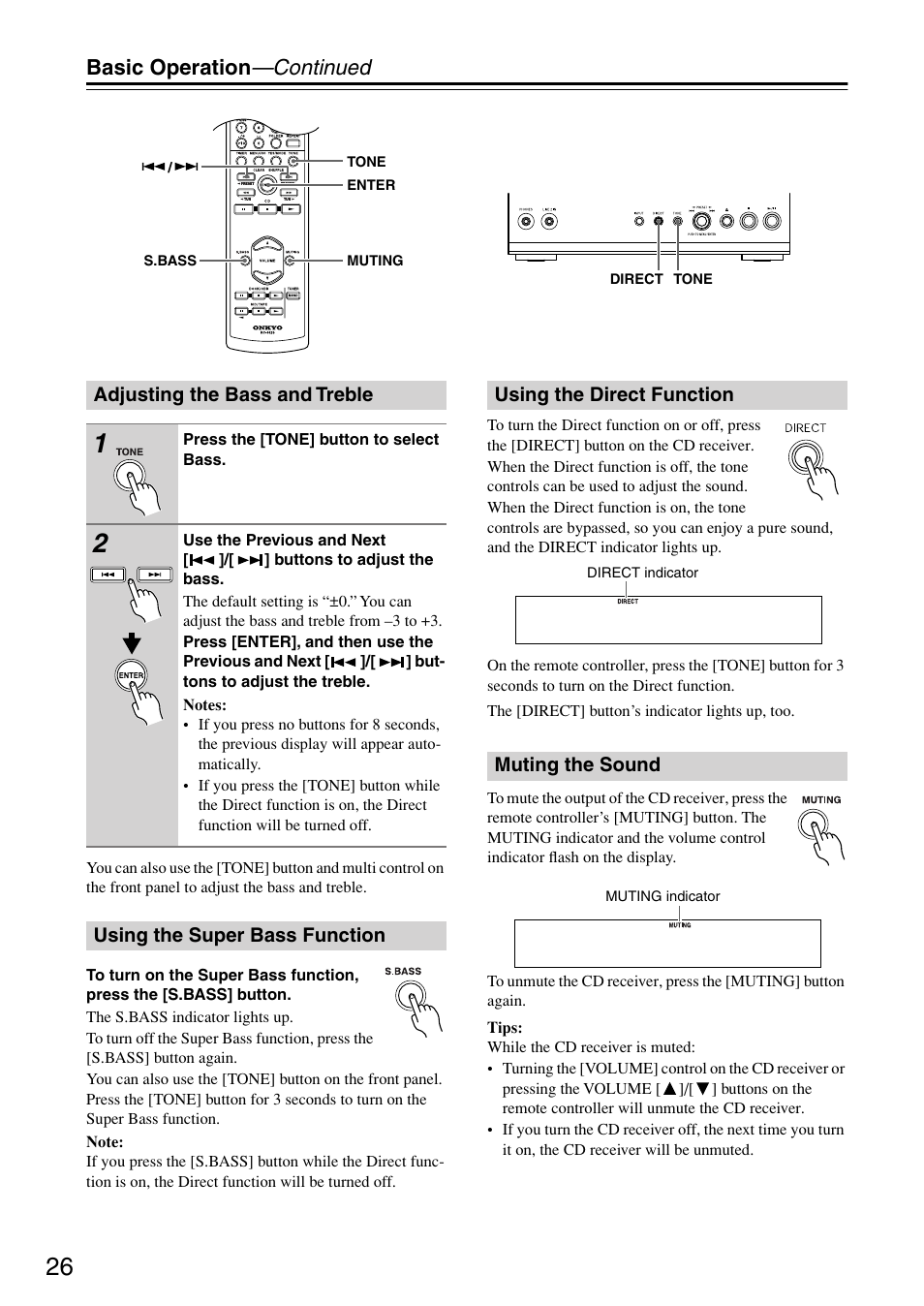 Adjusting the bass and treble, Using the super bass function, Using the direct function | Muting the sound, Utton (26), Basic operation —continued | Onkyo CR-715 User Manual | Page 26 / 60