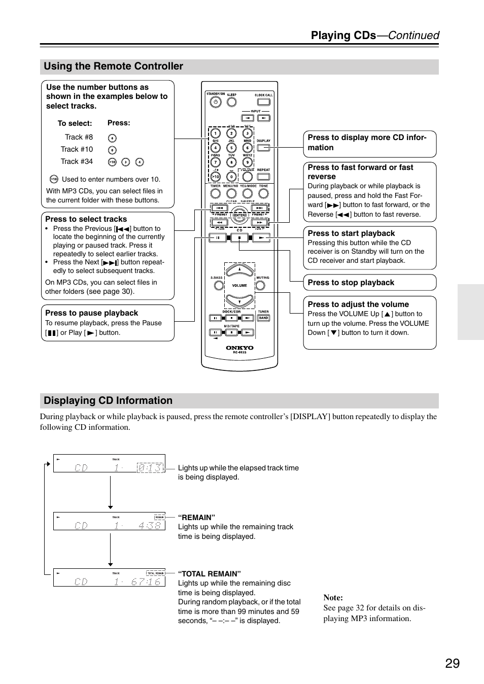 Using the remote controller, Displaying cd information, Uttons (29 | Uttons (29), Utton (29, Playing cds —continued | Onkyo CR-715 User Manual | Page 29 / 60