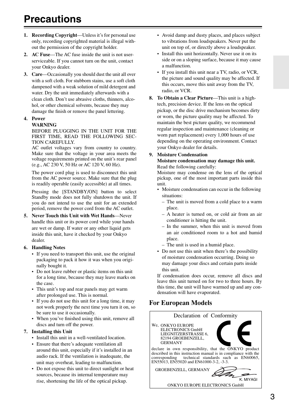 Precautions, For european models | Onkyo CR-715 User Manual | Page 3 / 60