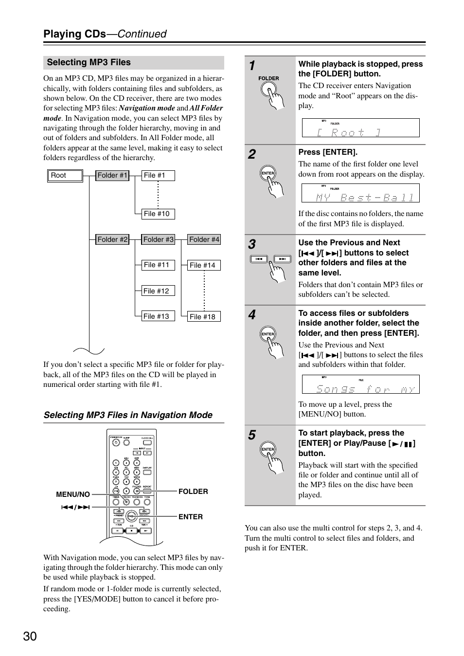 Selecting mp3 files, Utton (30, Playing cds —continued | Onkyo CR-715 User Manual | Page 30 / 60