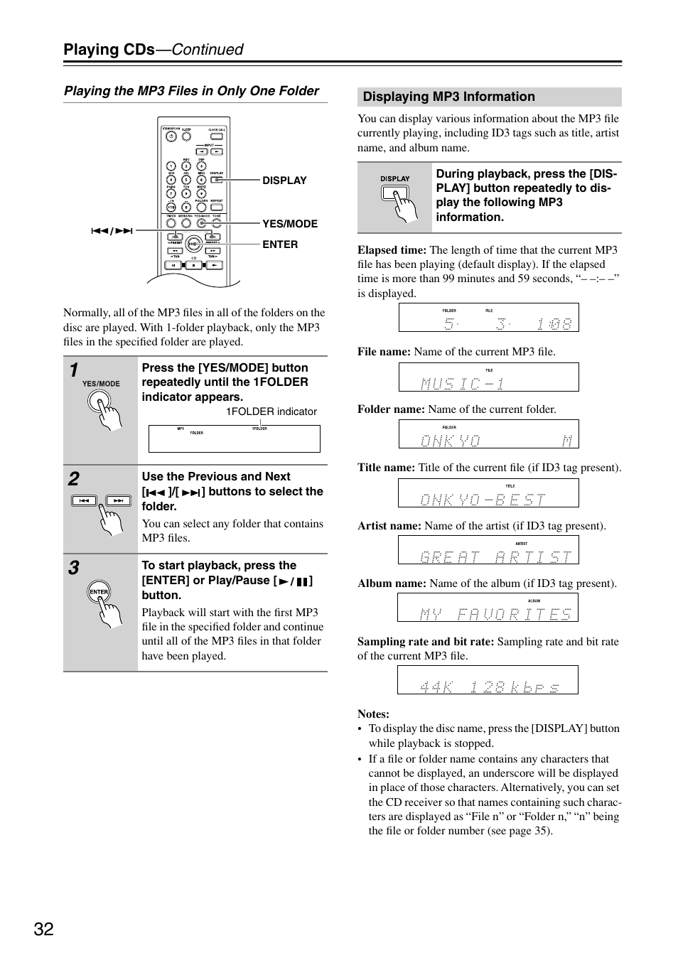 Displaying mp3 information, Utton (32–34, Playing cds —continued | Onkyo CR-715 User Manual | Page 32 / 60