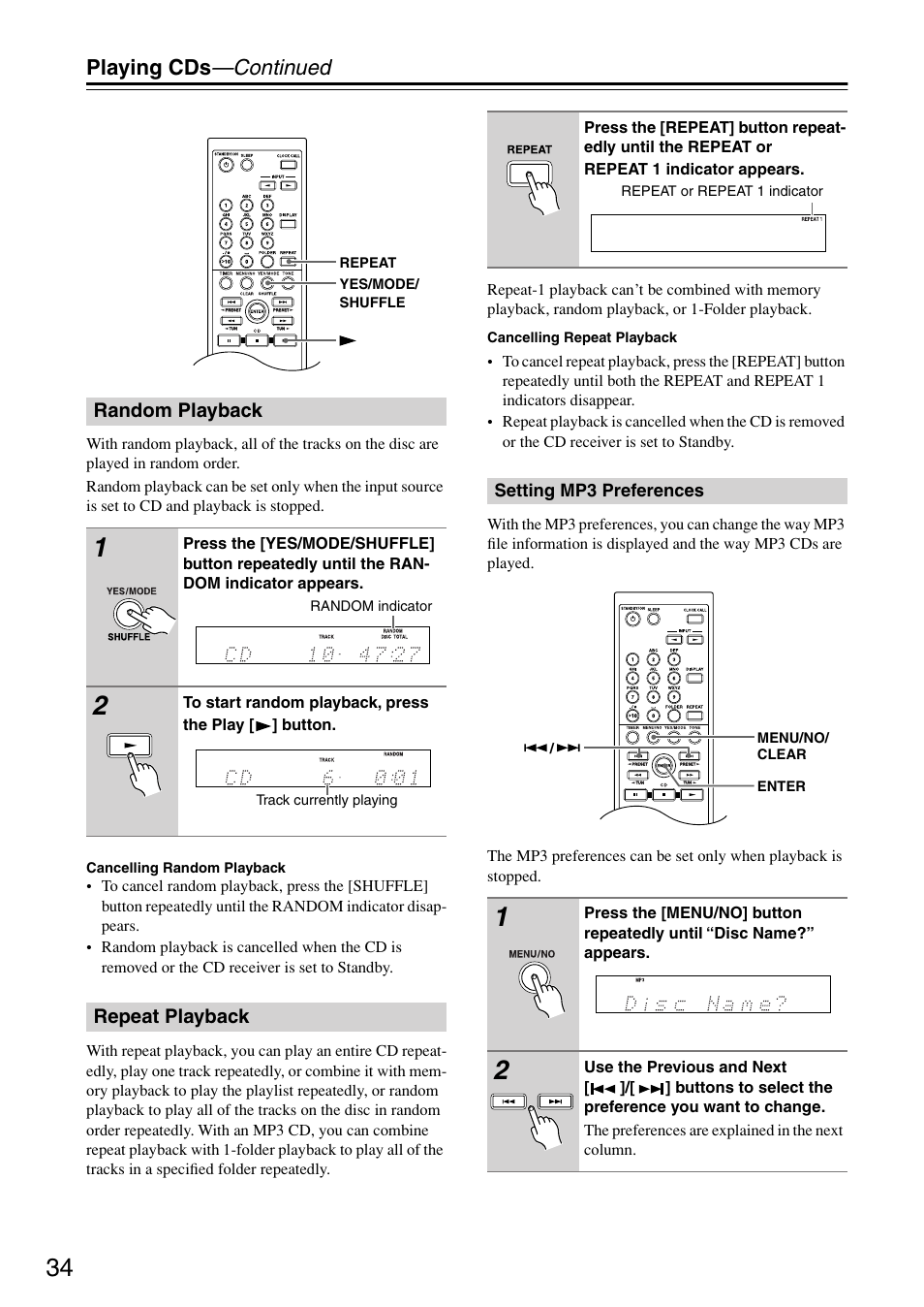 Random playback, Repeat playback, Setting mp3 preferences | Utton (34), Playing cds —continued | Onkyo CR-715 User Manual | Page 34 / 60