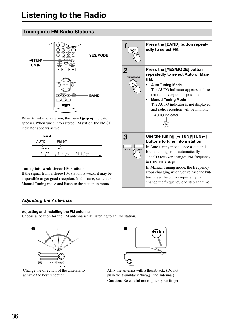 Listening to the radio, Tuning into fm radio stations, Utton (36 | Onkyo CR-715 User Manual | Page 36 / 60