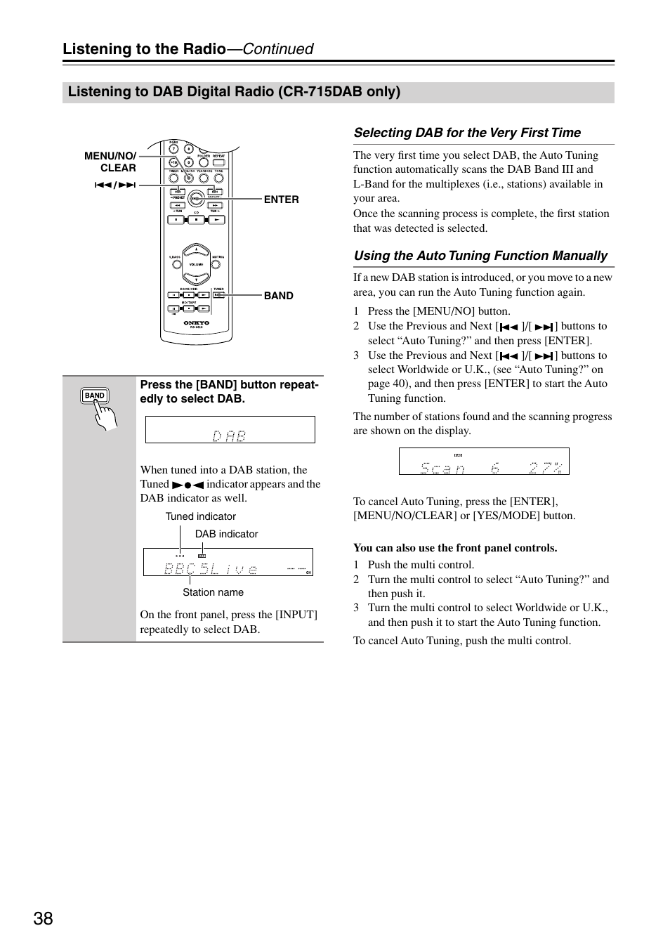 Listening to dab digital radio (cr-715dab only), Listening to the radio —continued | Onkyo CR-715 User Manual | Page 38 / 60