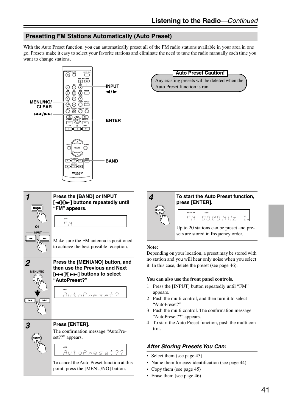 Presetting fm stations automatically (auto preset), Presetting fm stations automatically, Auto preset) | Listening to the radio —continued | Onkyo CR-715 User Manual | Page 41 / 60