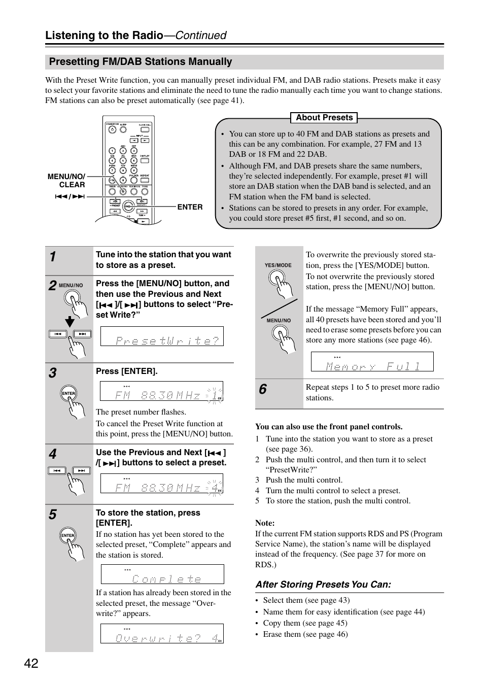 Presetting fm/dab stations manually, Listening to the radio —continued | Onkyo CR-715 User Manual | Page 42 / 60