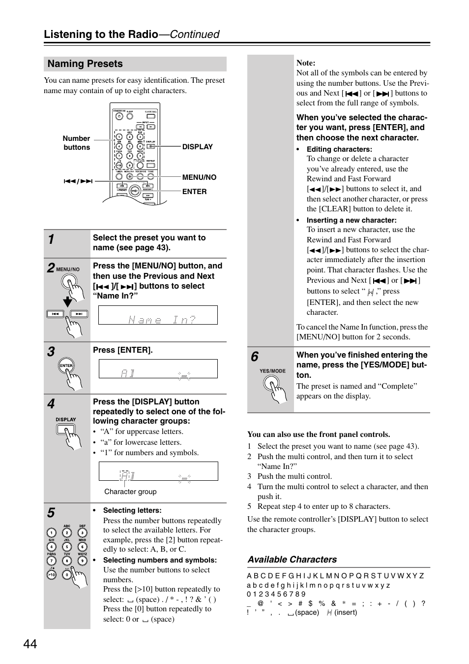Naming presets, Listening to the radio —continued | Onkyo CR-715 User Manual | Page 44 / 60