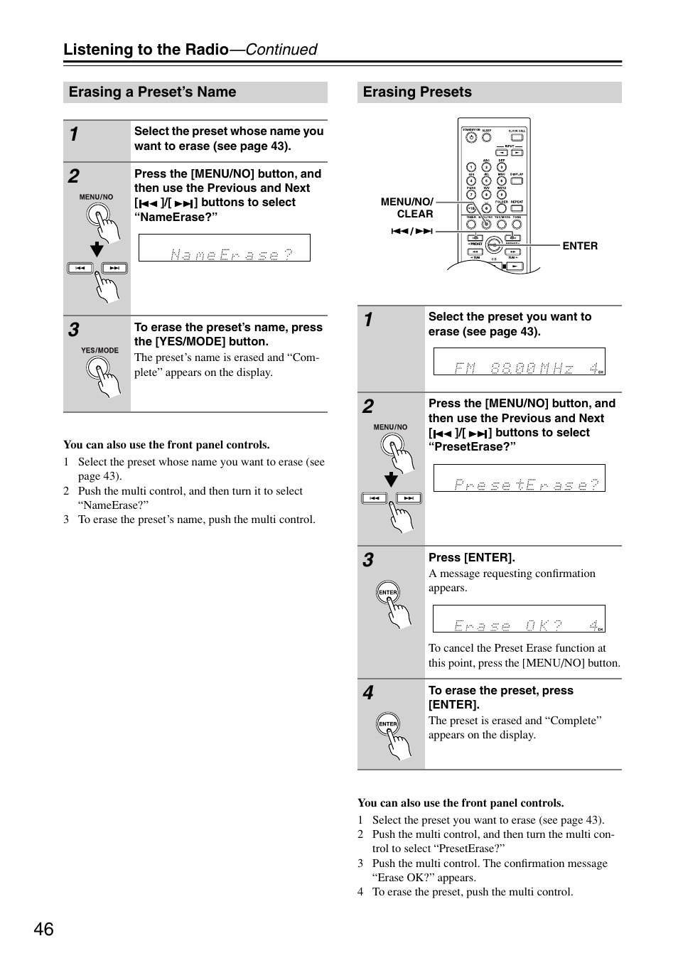 Erasing a preset’s name, Erasing presets, Erasing a preset’s name erasing presets | Listening to the radio —continued | Onkyo CR-715 User Manual | Page 46 / 60