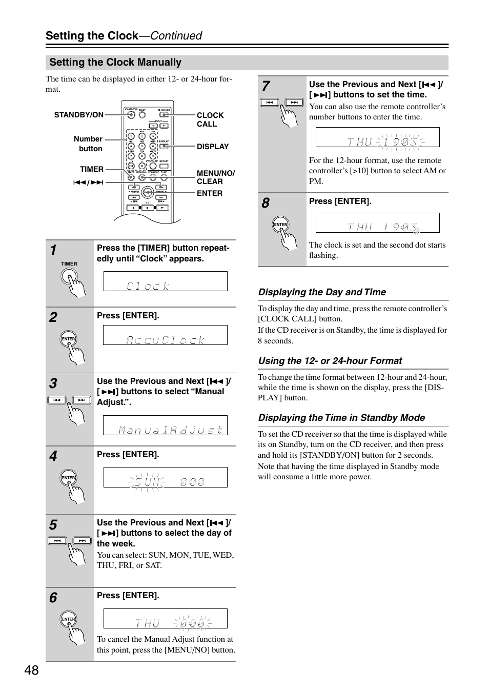 Setting the clock manually, Utton (48), Setting the clock —continued | Onkyo CR-715 User Manual | Page 48 / 60