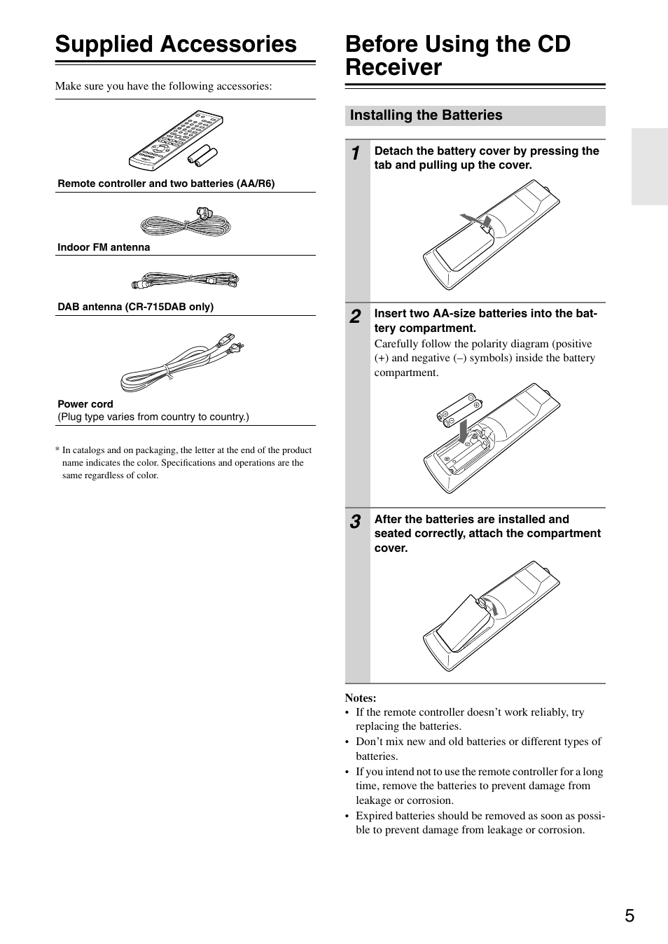 Supplied accessories, Before using the cd receiver, Installing the batteries | Onkyo CR-715 User Manual | Page 5 / 60