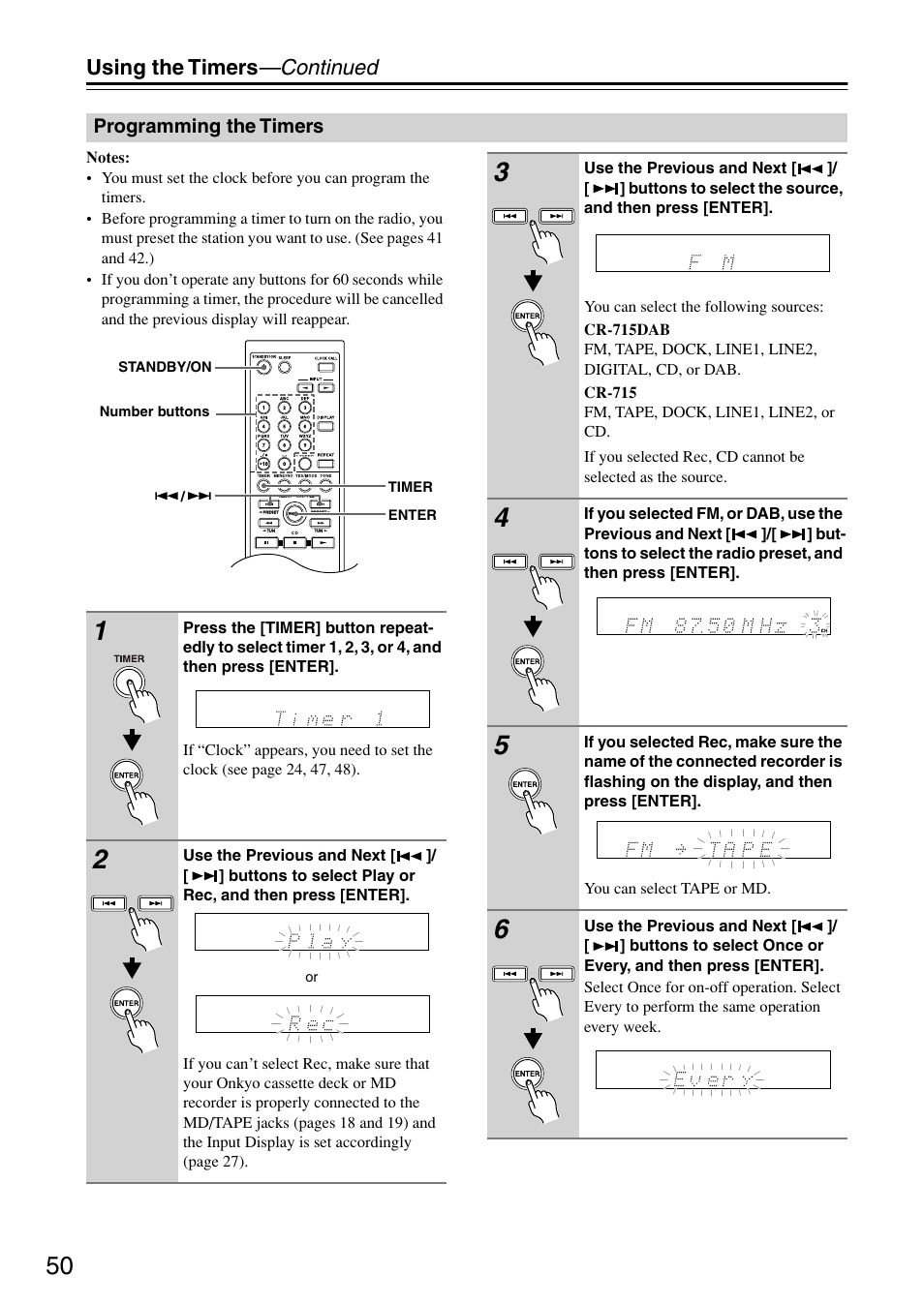 Programming the timers, Using the timers —continued | Onkyo CR-715 User Manual | Page 50 / 60