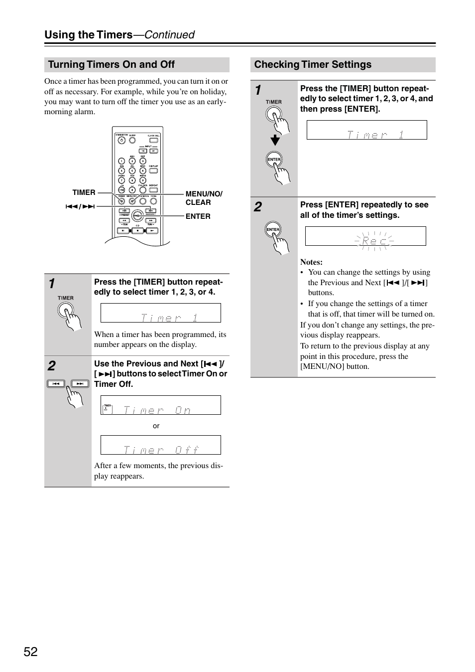 Turning timers on and off, Checking timer settings, Turning timers on and off checking timer settings | Using the timers —continued | Onkyo CR-715 User Manual | Page 52 / 60