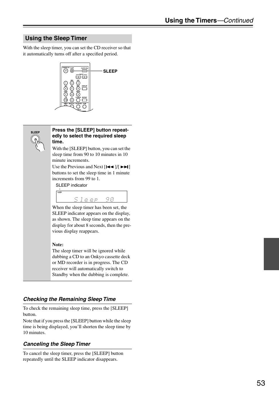 Using the sleep timer, Utton (53), Using the timers —continued | Onkyo CR-715 User Manual | Page 53 / 60