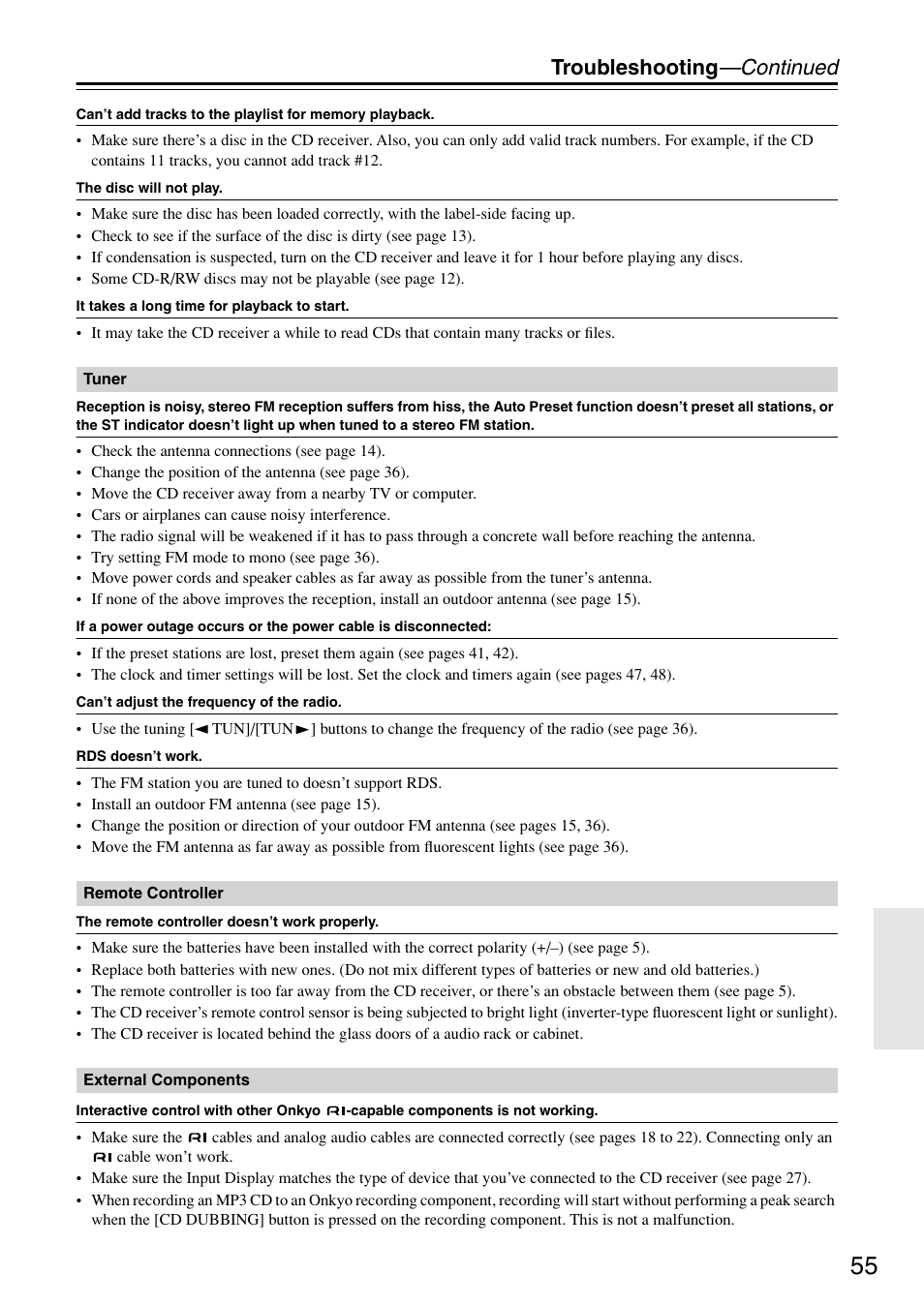 Troubleshooting —continued | Onkyo CR-715 User Manual | Page 55 / 60
