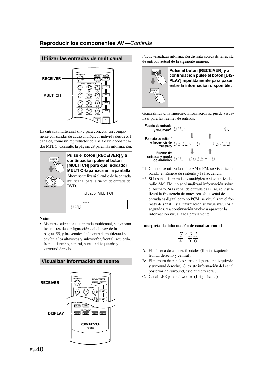 Utilizar las entradas de multicanal, Visualizar información de fuente, Y (40) | Ti ch (40), Reproducir los componentes av —continúa, Multi ch receiver, Indicador multi ch, Display receiver, Fuente de entrada y volumen, Formato de señal | Onkyo HT-S3100 User Manual | Page 102 / 128