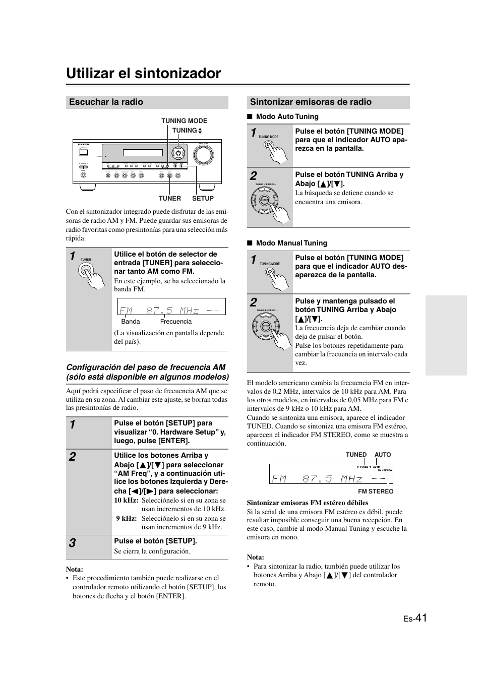 Utilizar el sintonizador, Escuchar la radio, Sintonizar emisoras de radio | Utilizar el sintonizador ............es-41, Tuning mode (41), Tuned (41), Fm stereo (41) | Onkyo HT-S3100 User Manual | Page 103 / 128