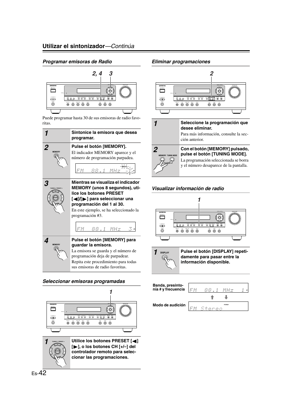 Programar emisoras de radio, Seleccionar emisoras programadas, Eliminar programaciones | Visualizar información de radio, Y (42), Botón ch +/– (42), Utilizar el sintonizador —continúa | Onkyo HT-S3100 User Manual | Page 104 / 128