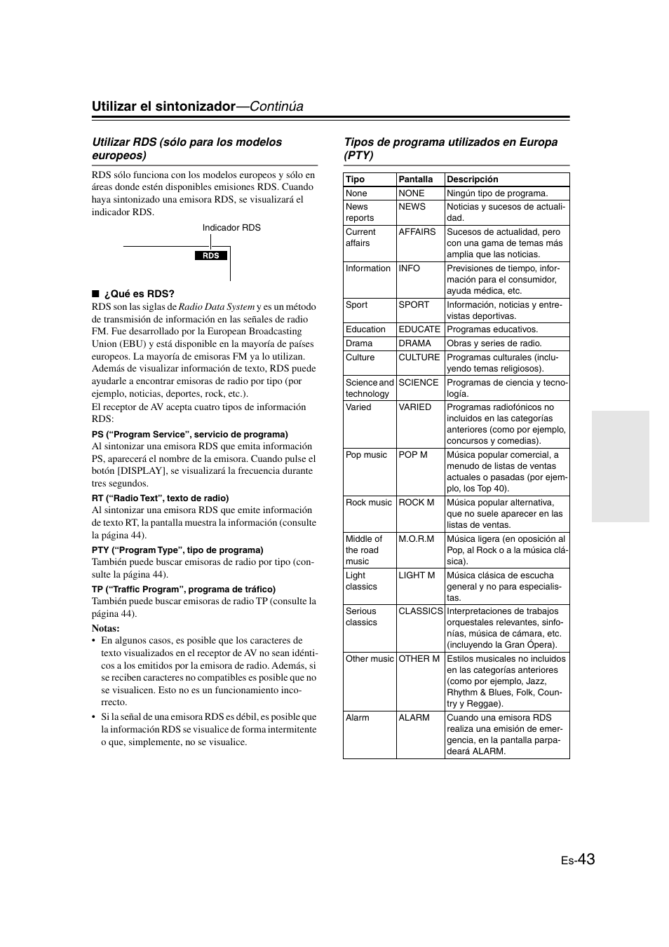 Utilizar rds (sólo para los modelos europeos), Tipos de programa utilizados en europa (pty), Opeo) (43) | Utilizar el sintonizador —continúa | Onkyo HT-S3100 User Manual | Page 105 / 128