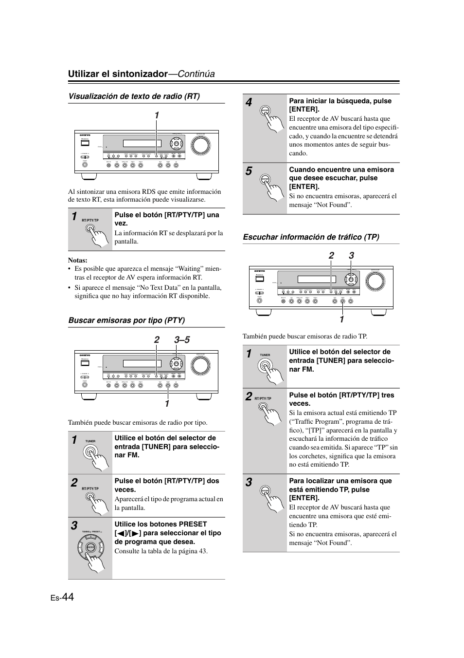 Visualización de texto de radio (rt), Buscar emisoras por tipo (pty), Escuchar información de tráfico (tp) | T/pty/tp (44, Utilizar el sintonizador —continúa | Onkyo HT-S3100 User Manual | Page 106 / 128